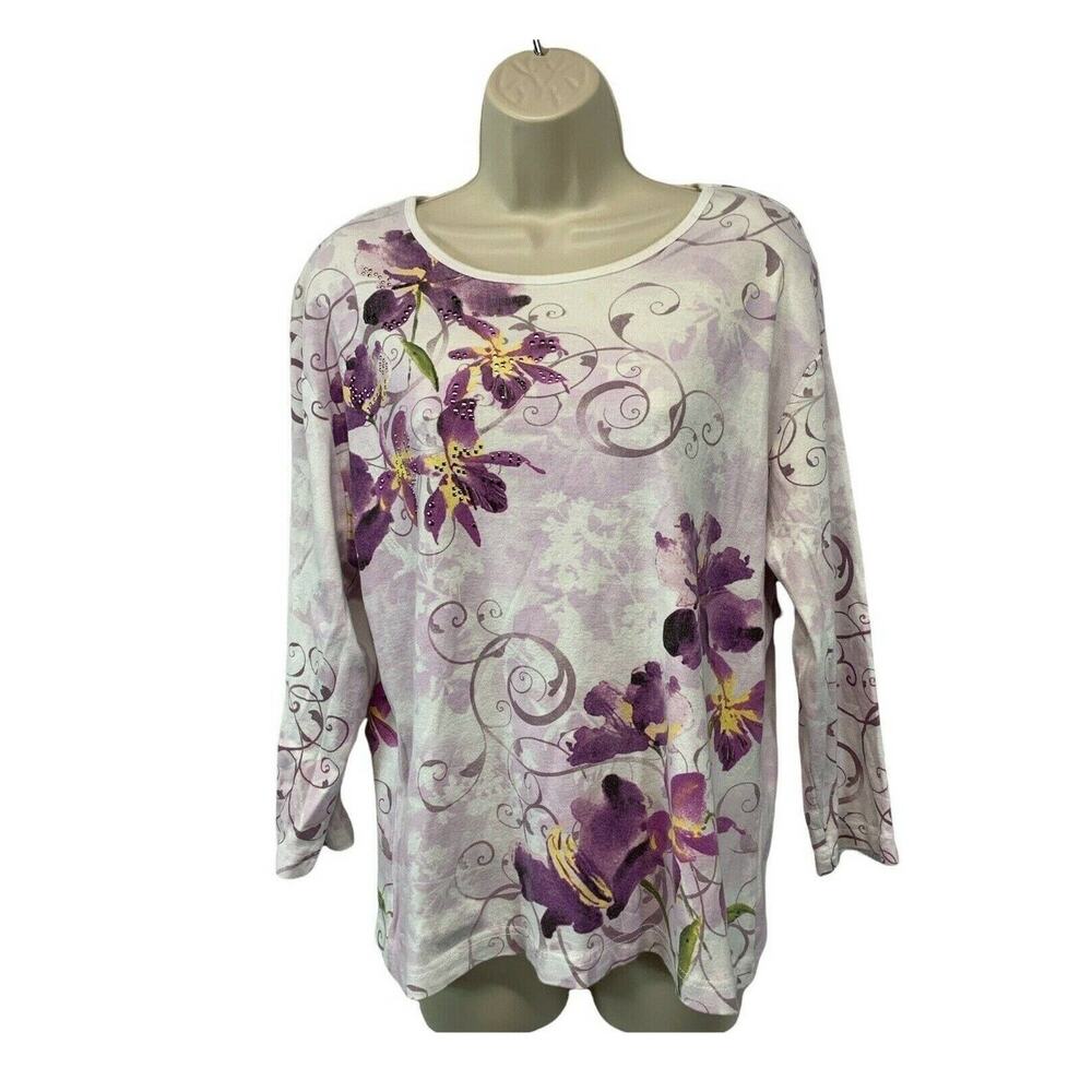 Pleasant Shade Womens Top XL Long Sleeve Floral Embellished Stretch Round Neck